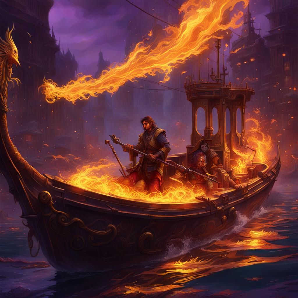 Fiery Phoenix on a Boat: Dark Fantasy Art