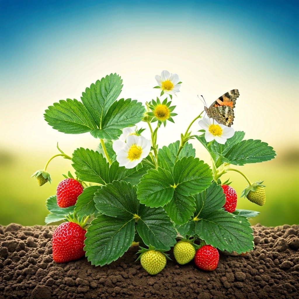 Butterfly on Strawberry Flower in Summer Morning Light