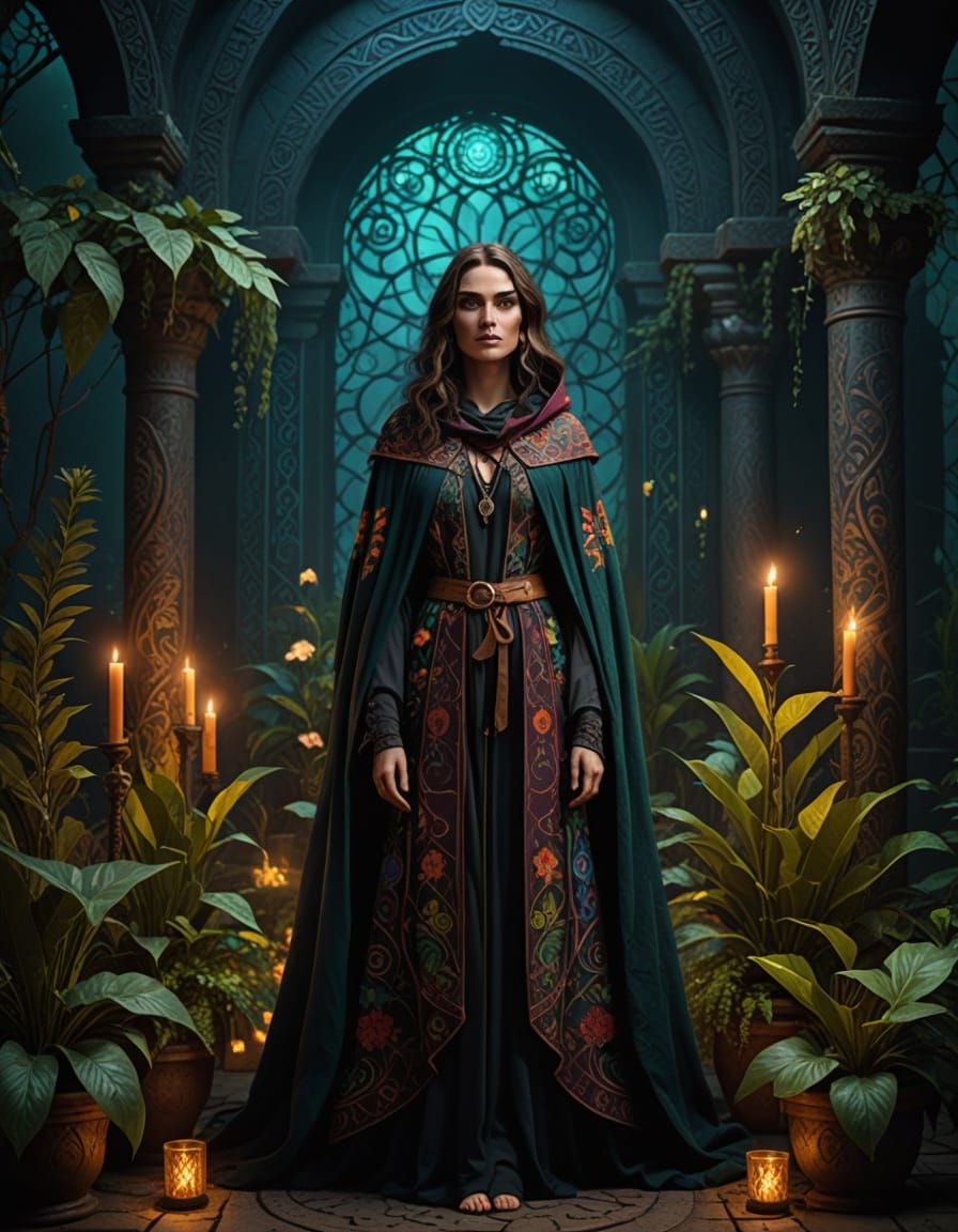 Gypsy Wiccan Woman in Dark Temple with Runes
