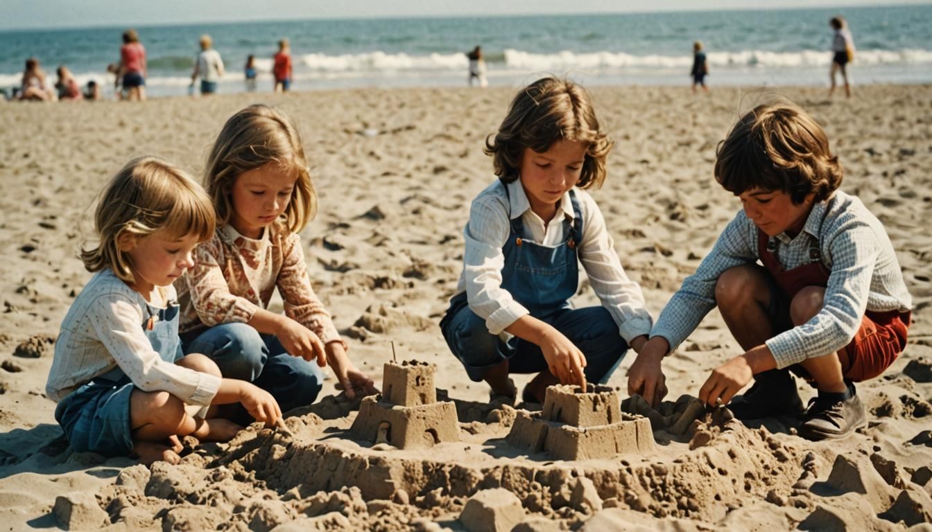 Children Building Sandcastle on Beach, 1973 Photography