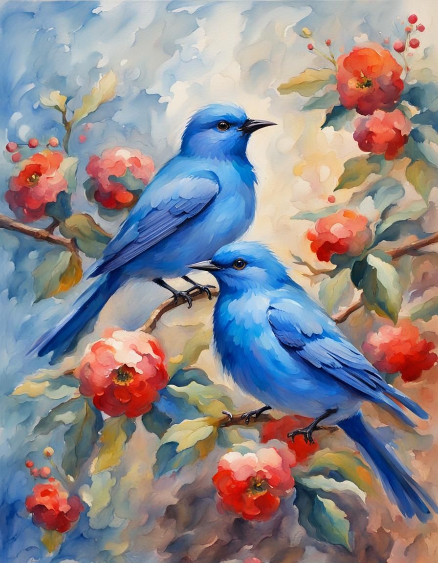 Blue Birds Celebrate New Year in Gouache Style