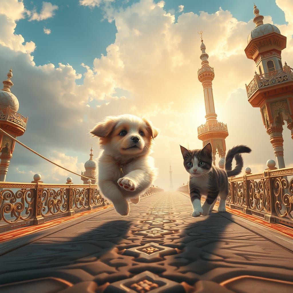 Whimsical Puppy and Cat on the Majestic Bridge of Khalifa