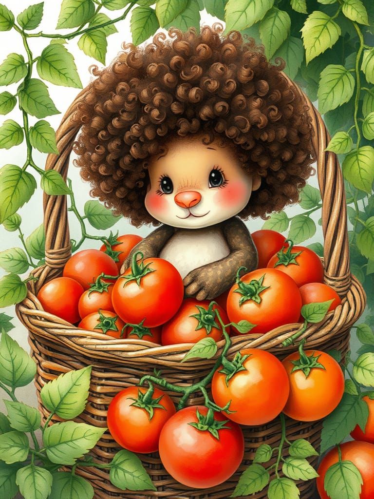 Whimsical Hodinkus in a Basket of Tomatoes