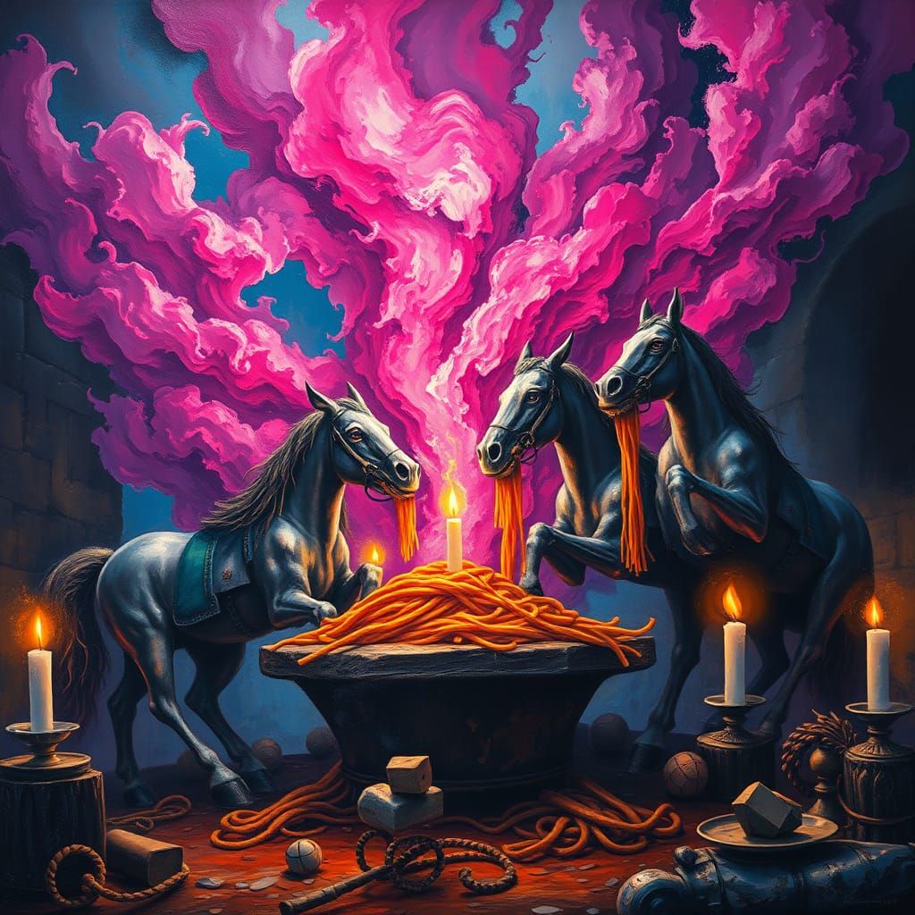 Apocalypse Horsemen Dine: A Surreal Oil Painting