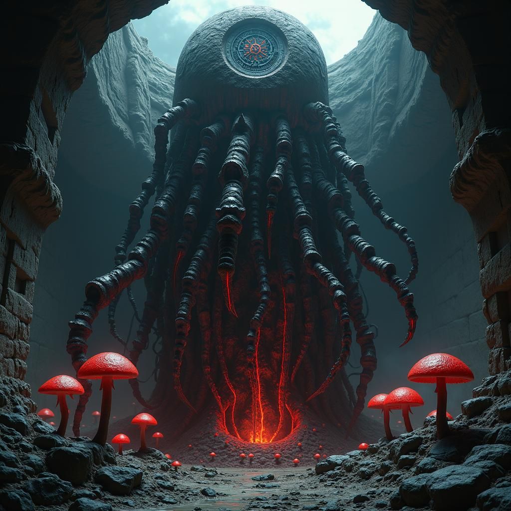 A colossal, obsidian monolith dominates the space, its surface etched with cryptic symbols. From its heart, a network of...