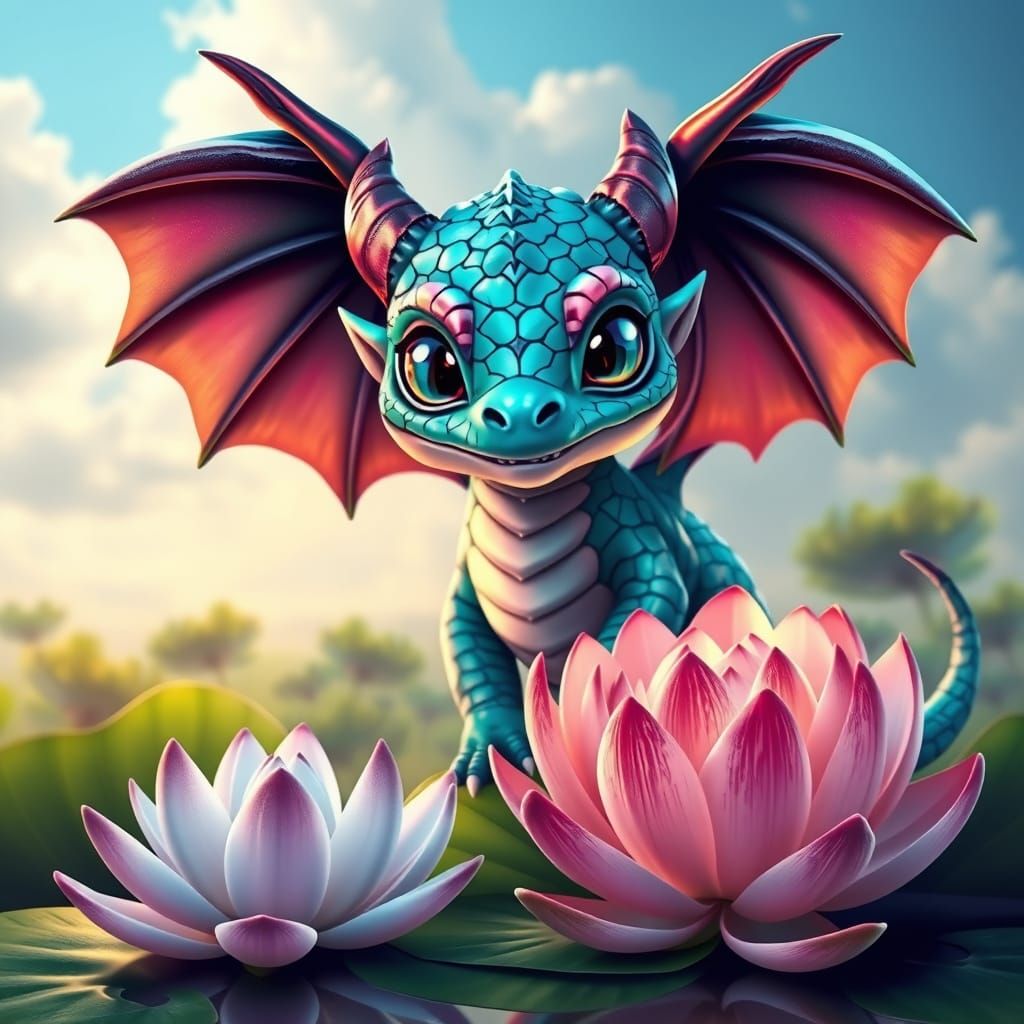 Turquoise Dragon Perched in Lotus Pond: Digital Art