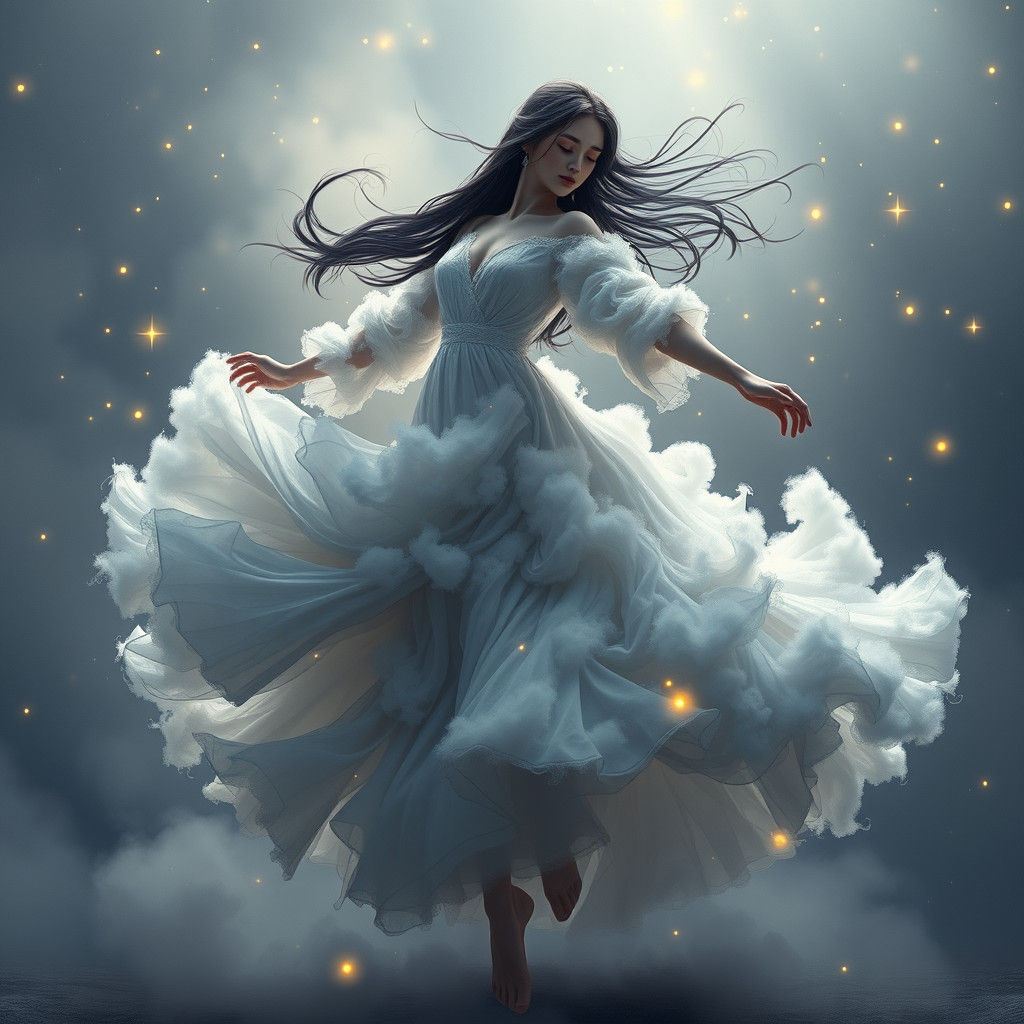 Ethereal Dancer in Cloud Dress, Digital Painting