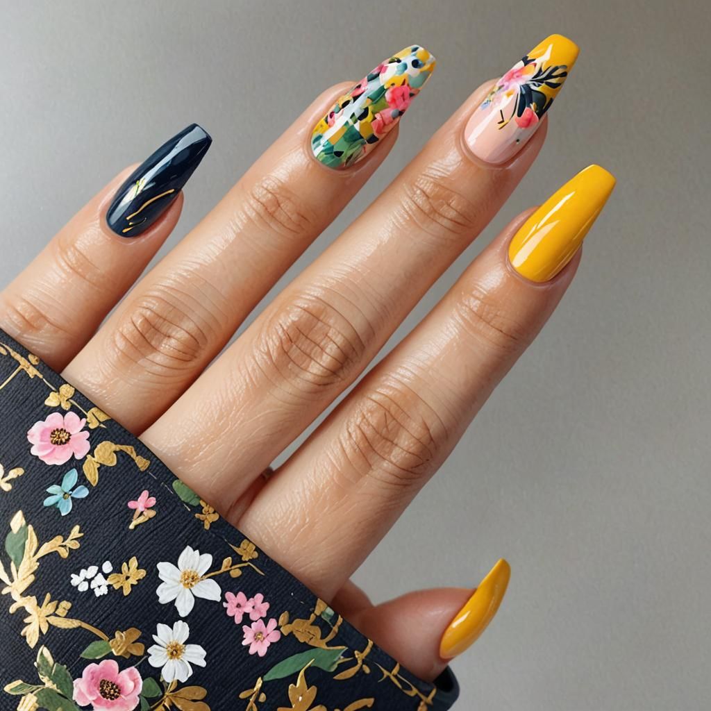 Camouflage Nail Art with Floral Accents in Watercolor Style