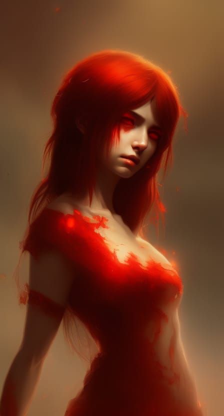 Red Woman with Bloody Eyes: Dark Fantasy Digital Art