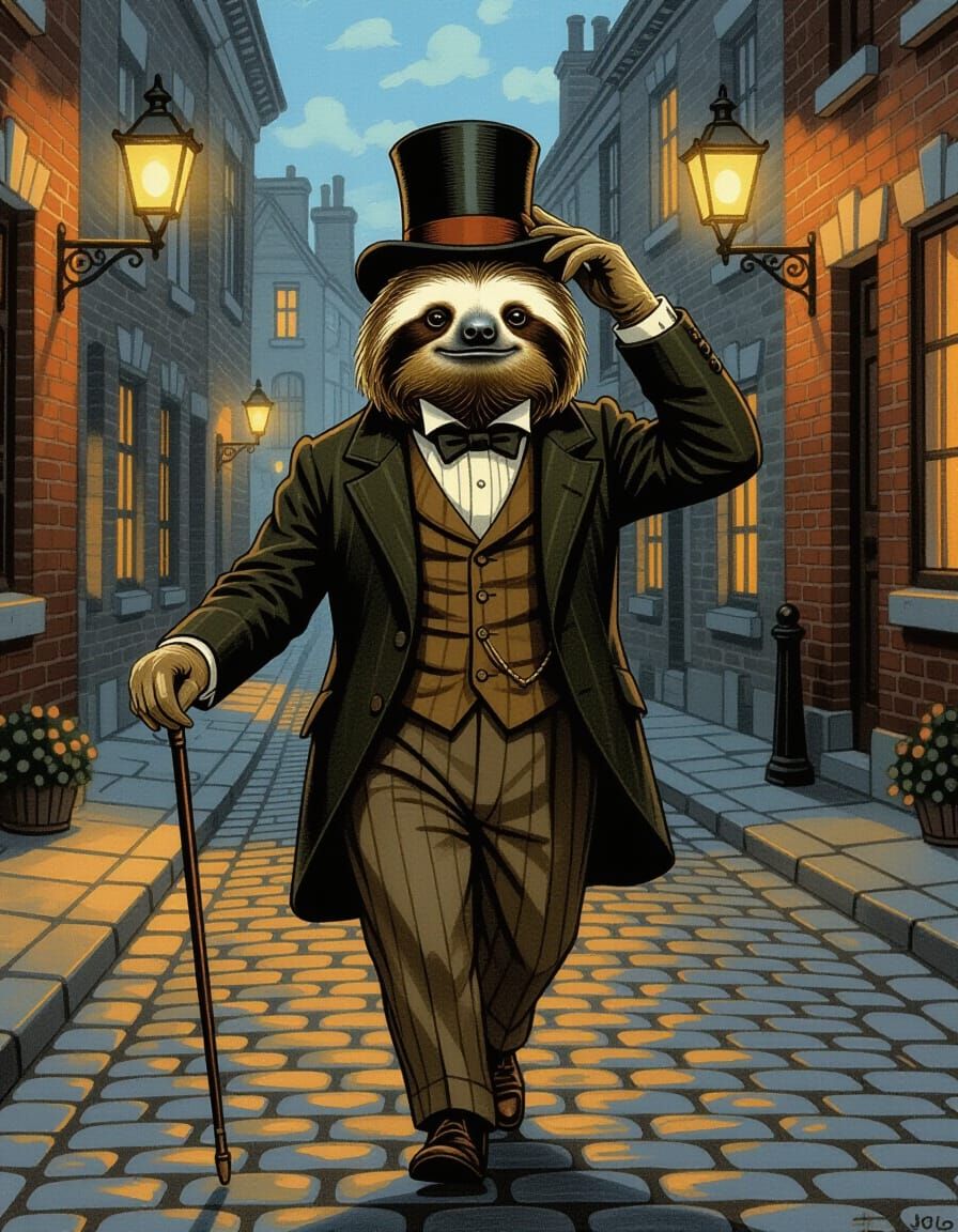 Victorian Sloth Gentleman on Cobblestone Street at Dusk