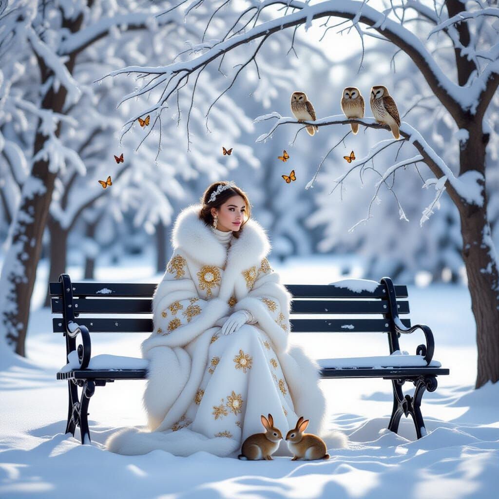 Winter Scene: Woman in Gold-Embellished Coat with Rabbits an...