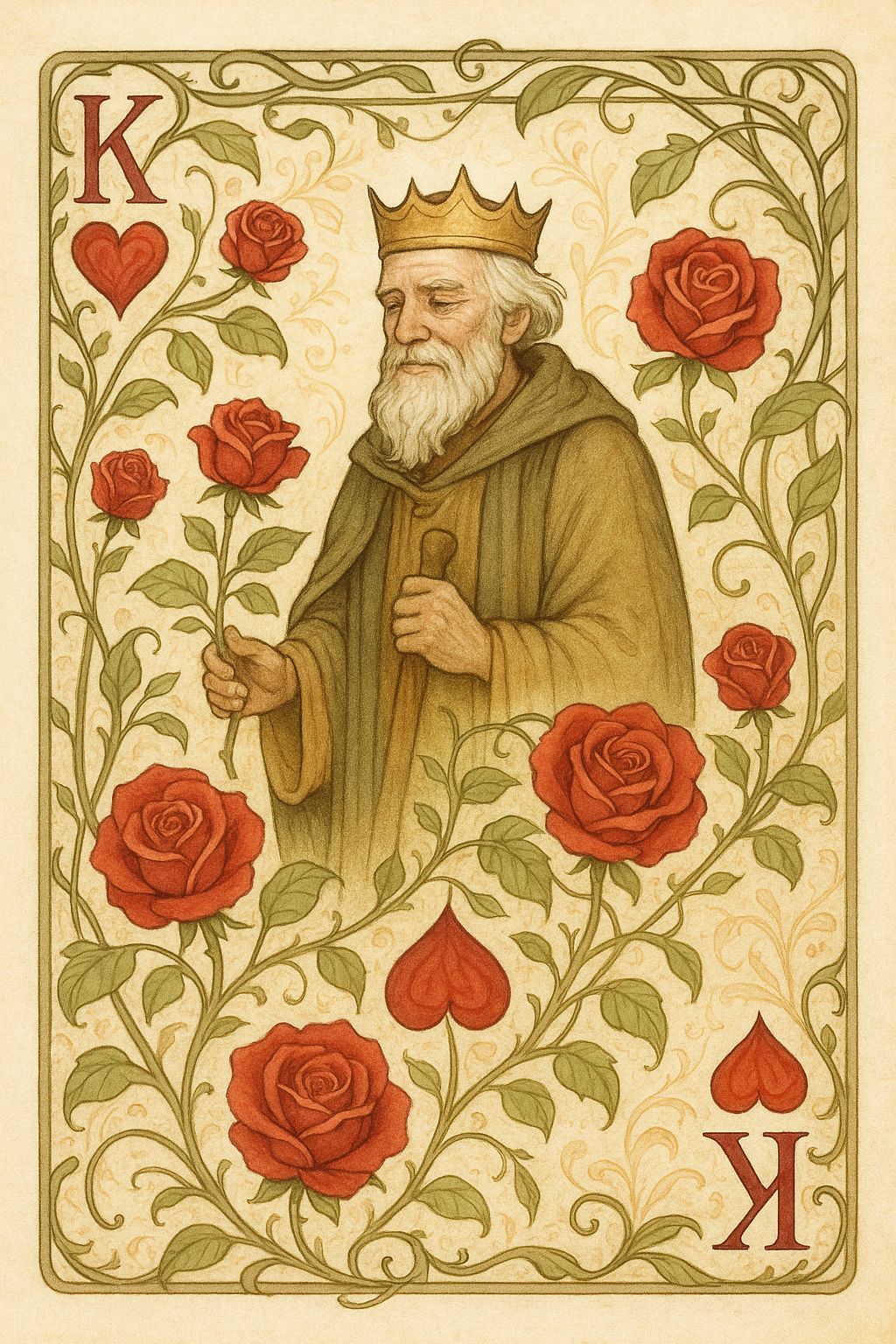 Art Nouveau King of Hearts Card with Botanical Roses