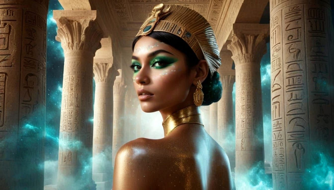 Egyptian Priestess Poses in Temple With Nebula Background