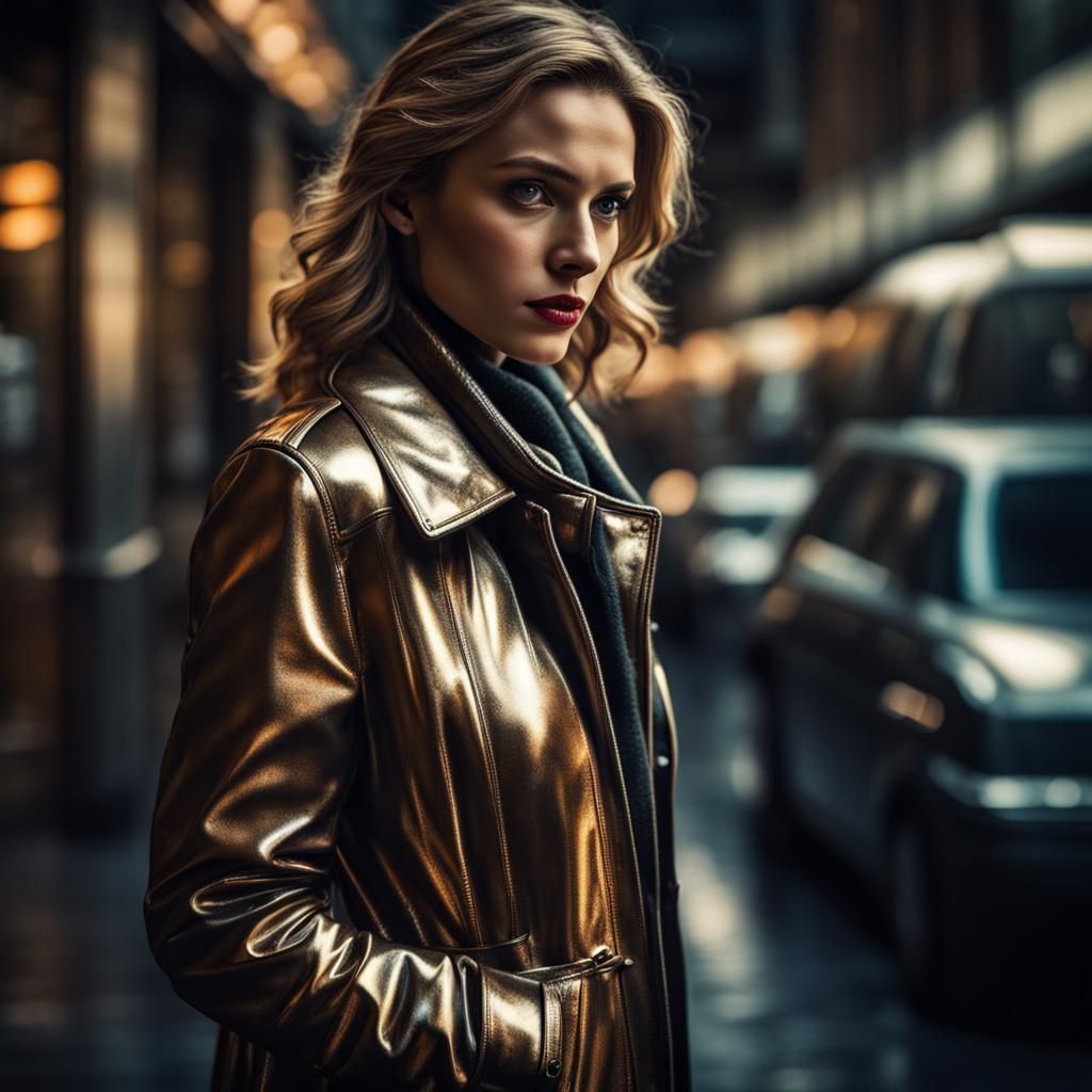 Hyperrealistic Woman Detective in Shiny Jacket