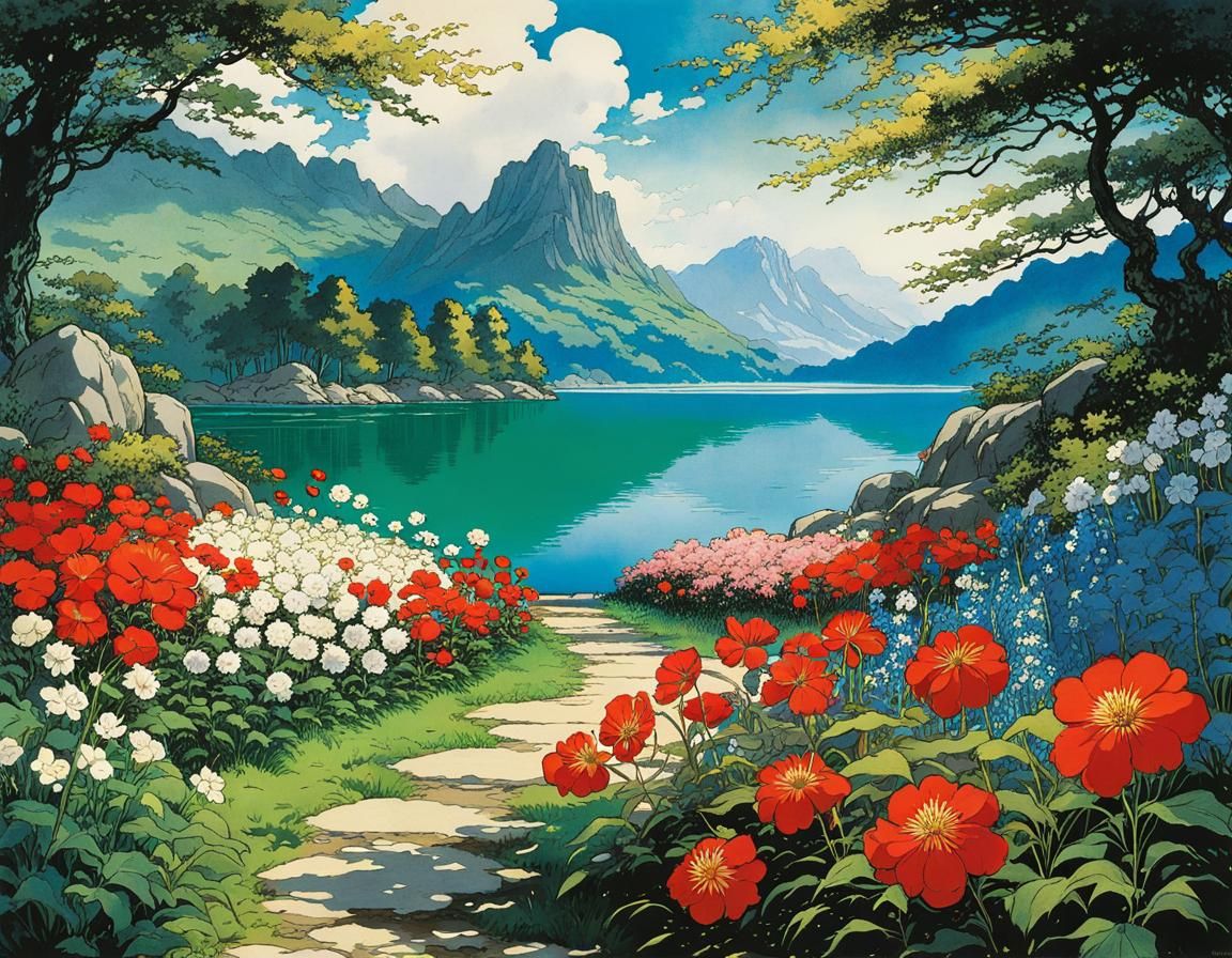 Lush Storybook Lake Illustration in Anime Style