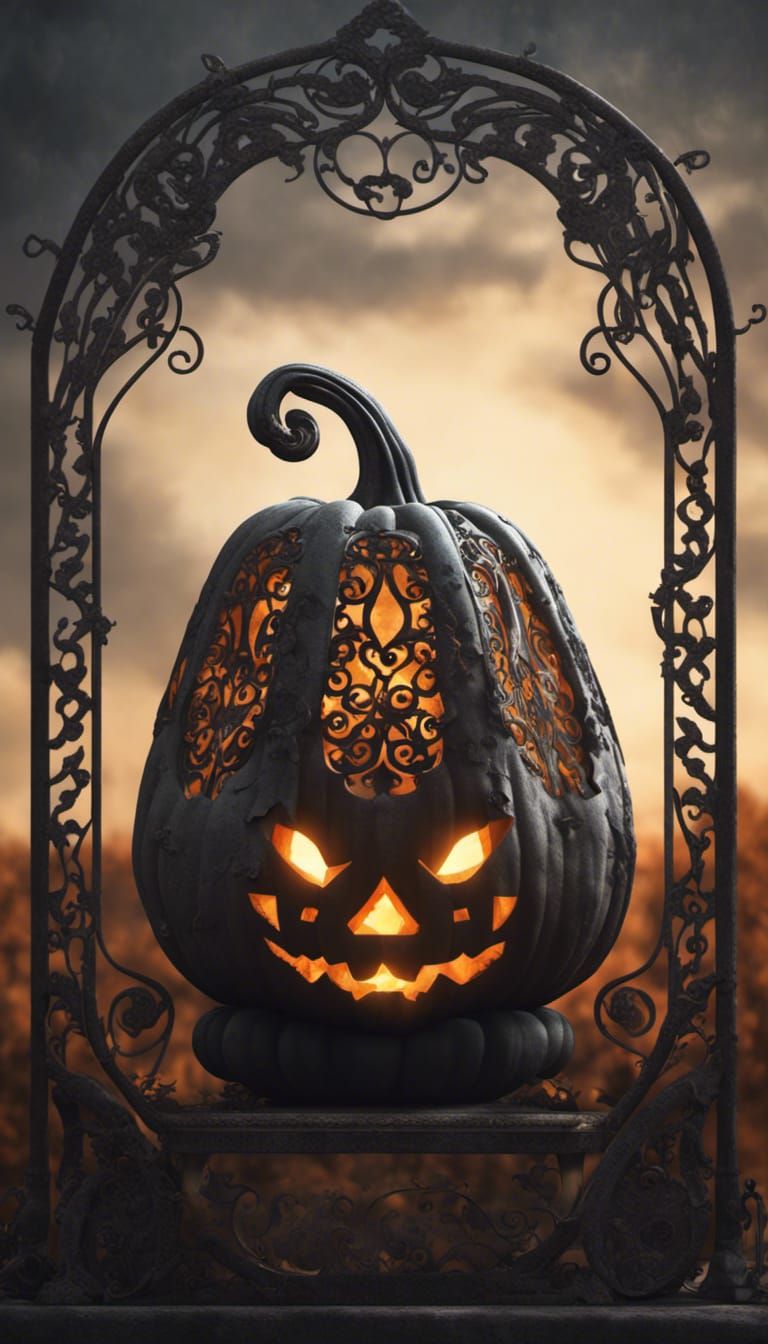 Wrought Iron Filigree Pumpkin: Cinematic Digital Painting