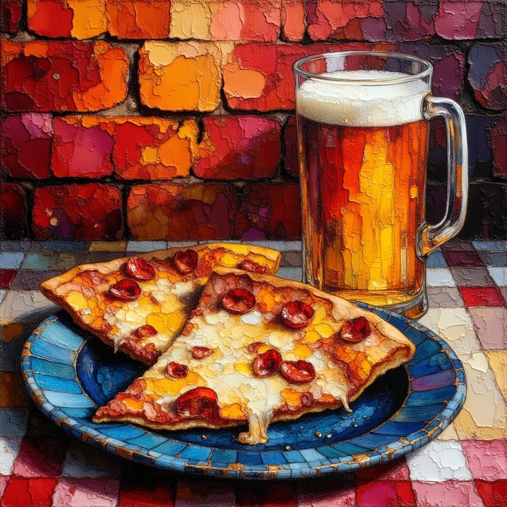 Pizza and Beer Still Life in Neo-Impressionist Style