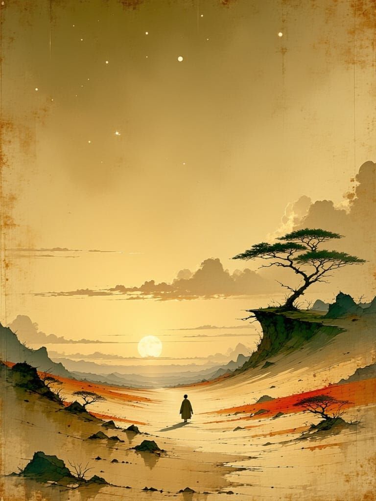 Sahara Desert Explorer at Dawn in Sepia Sketch