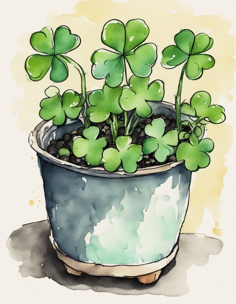Watercolor Shamrock in a Pot, in Whimsical Folk Art Style