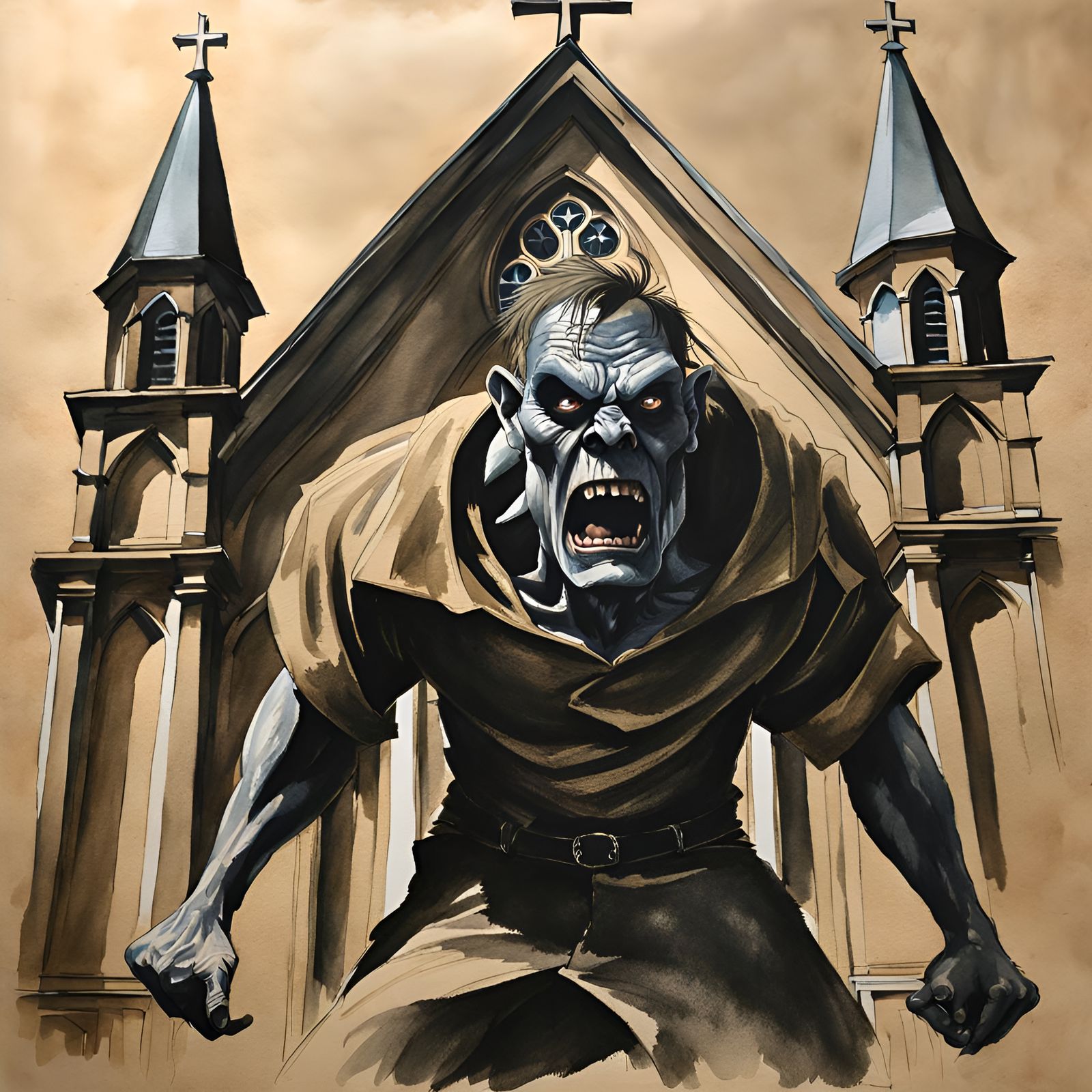 Zombie Quasimodo: Watercolor and Charcoal Sketch