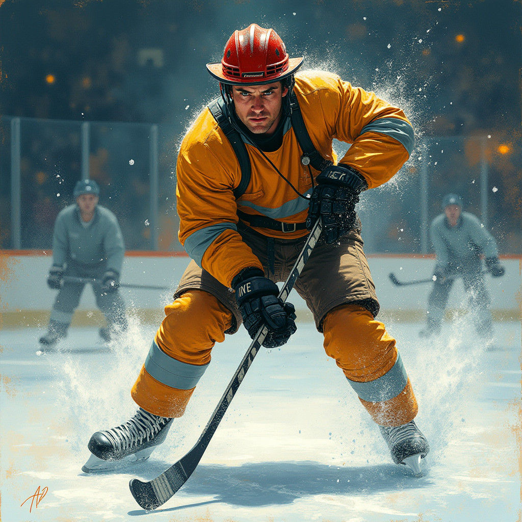 Firefighter Plays Ice Hockey in Stylized Cinematic Art