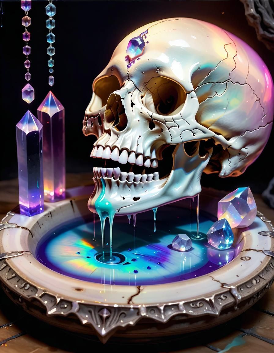 Whimsical Watercolour Skull in a Crystal Cave
