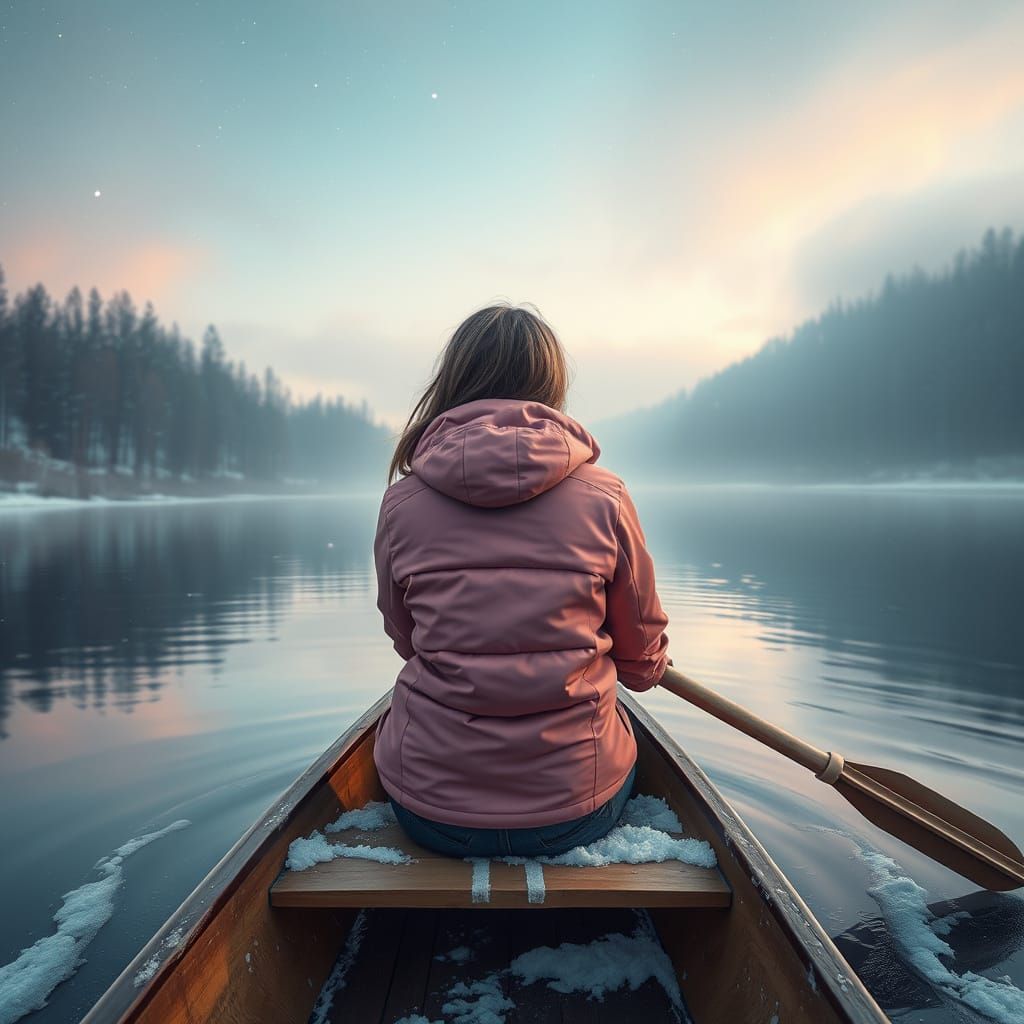 Dreamlike Woman Canoeing on Snowy River