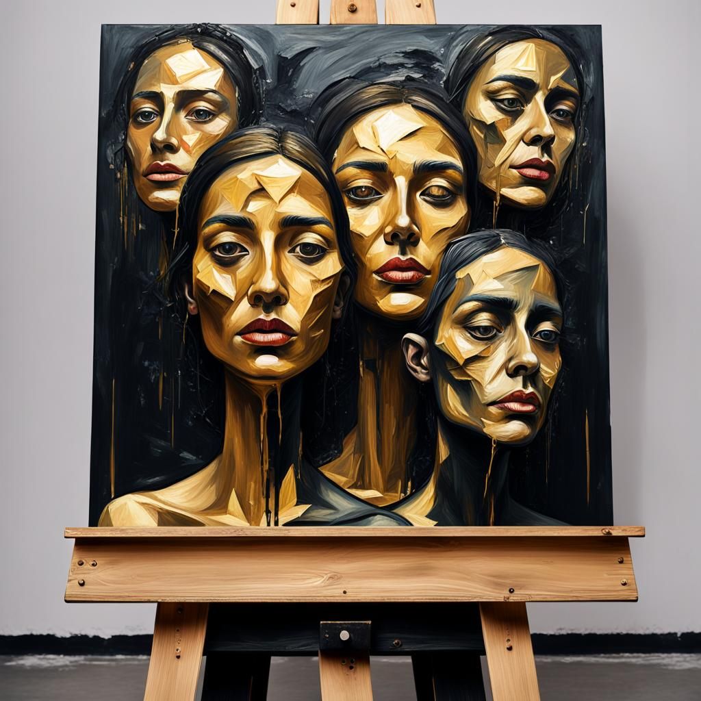 Surrealist Oil Painting of Recursive Golden Faces
