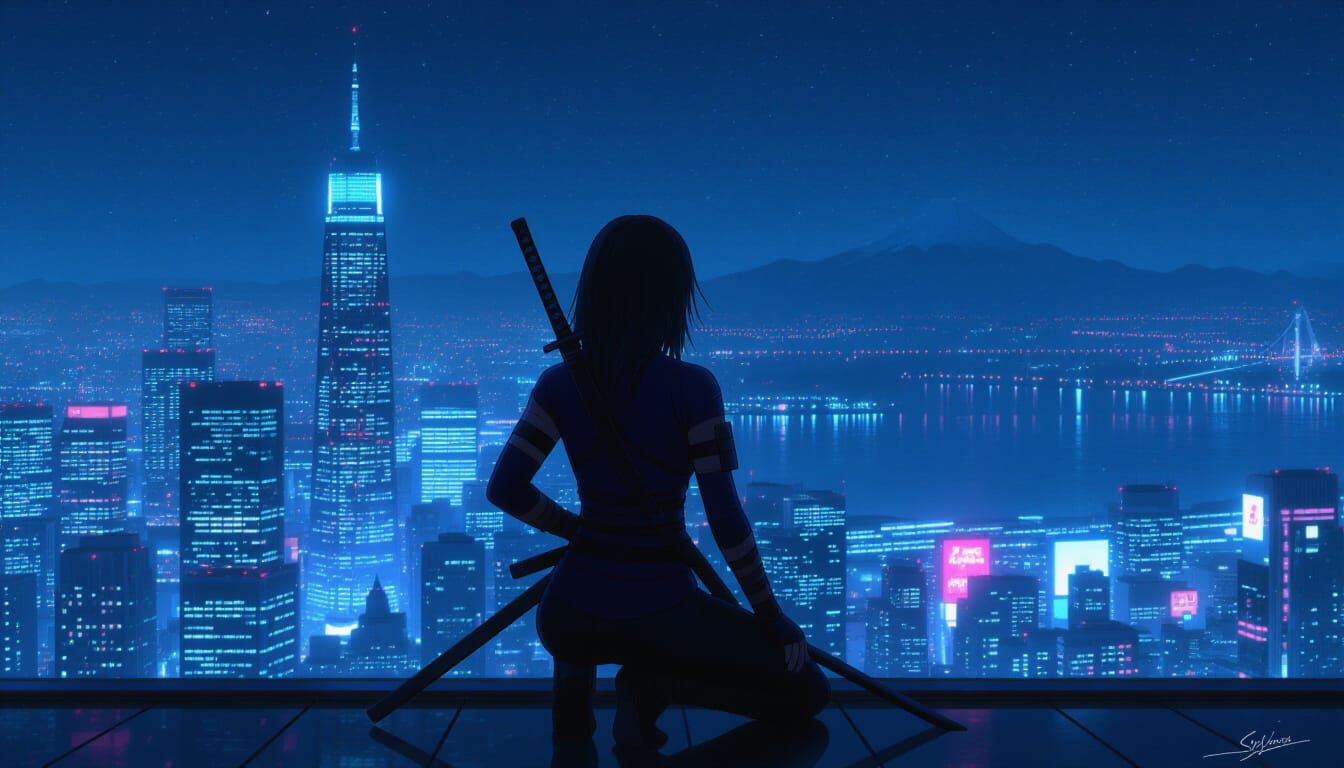 Ninja Girl Gazes Over Neon-Lit Tokyo Bay at Night