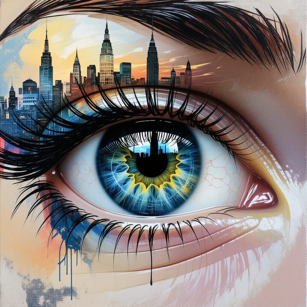 Fantasy Eye with Cityscape, Hyprrealist Gaudi Style Art