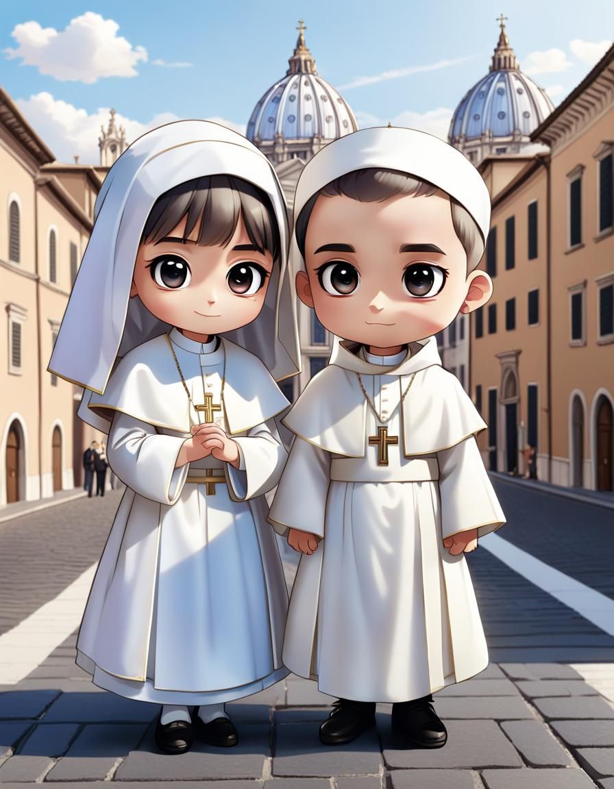 Chibi Vatican Scene: Boy and Girl in Holy See Dress