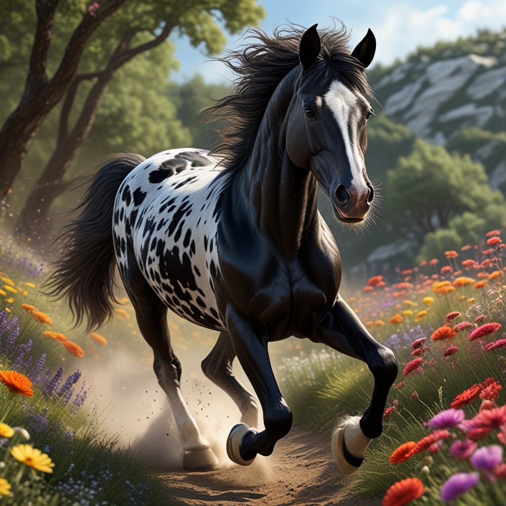 Galloping Spotted Horse in Vibrant Floral Scene