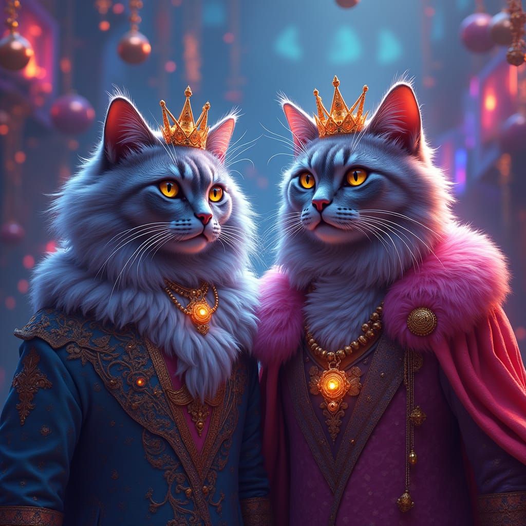 Majestic Maincoone Cats Reign in Neon-Lit Disco Fantasy