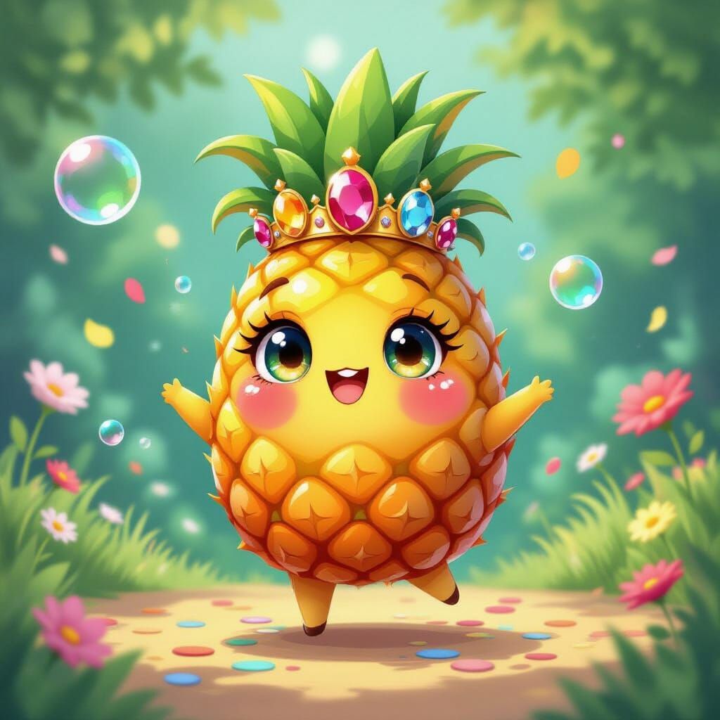 Whimsical Dancing Pineapple with Gemstone Crown in Ghibli St...
