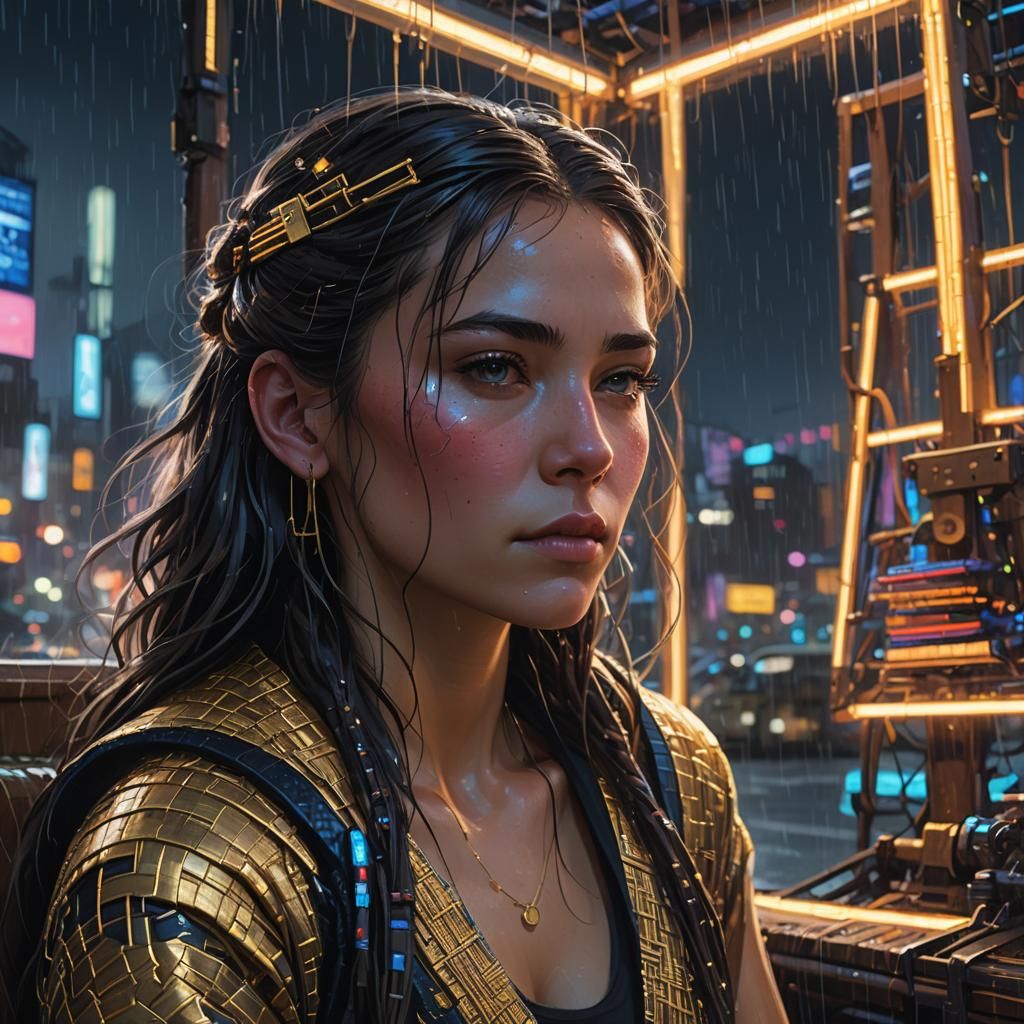 Goddess Weaving in Cyberpunk Cityscape