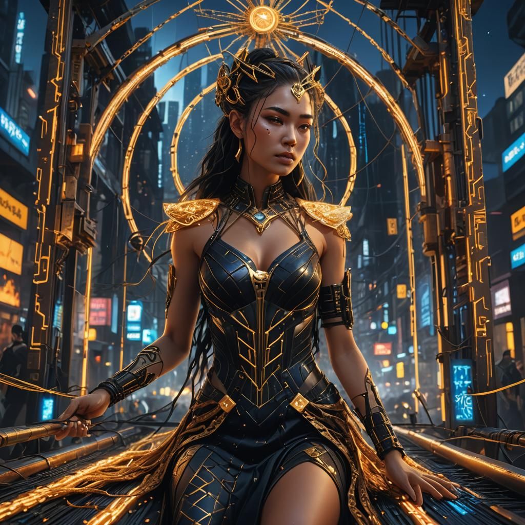 Goddess Weaving Fate in Cyberpunk Cityscape