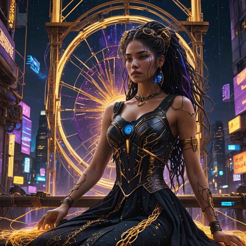 Goddess Weaving Fate in Cyberpunk Cityscape
