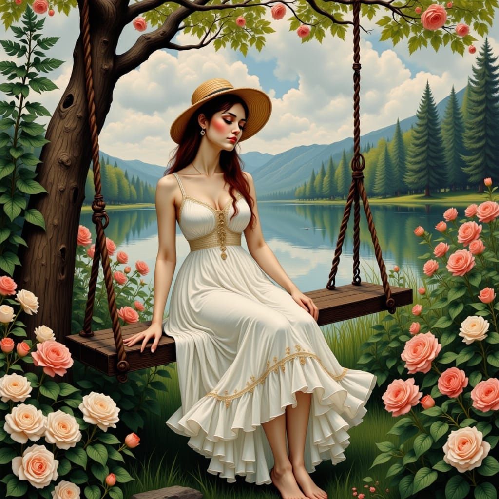 Woman in a Dreamy Spring Landscape in Impressionist Style