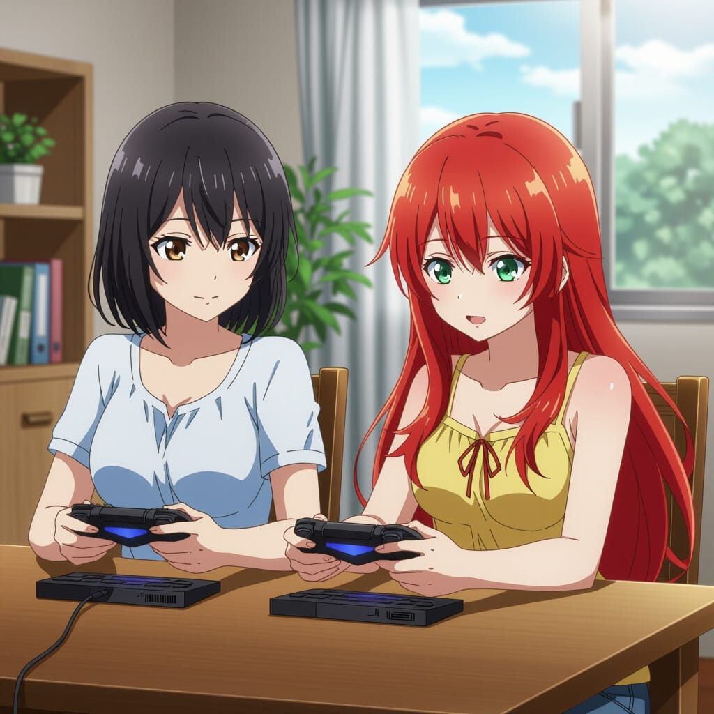 Anime Women Playing Video Game at Home