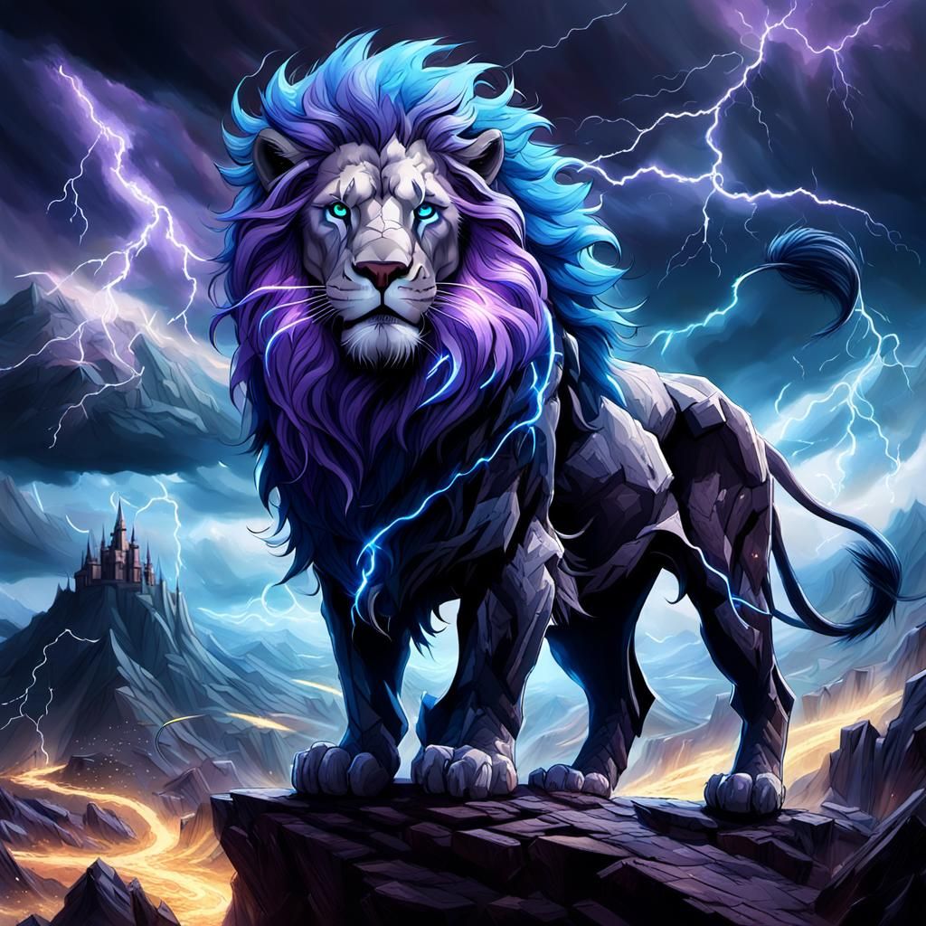 Electric Lion Overlooks Stormy Medieval City