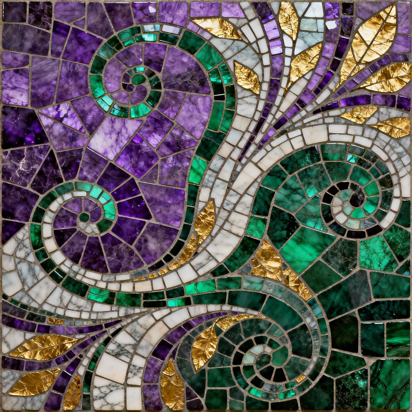 Mosaic Art of Amethyst and Emerald in Art Nouveau Style