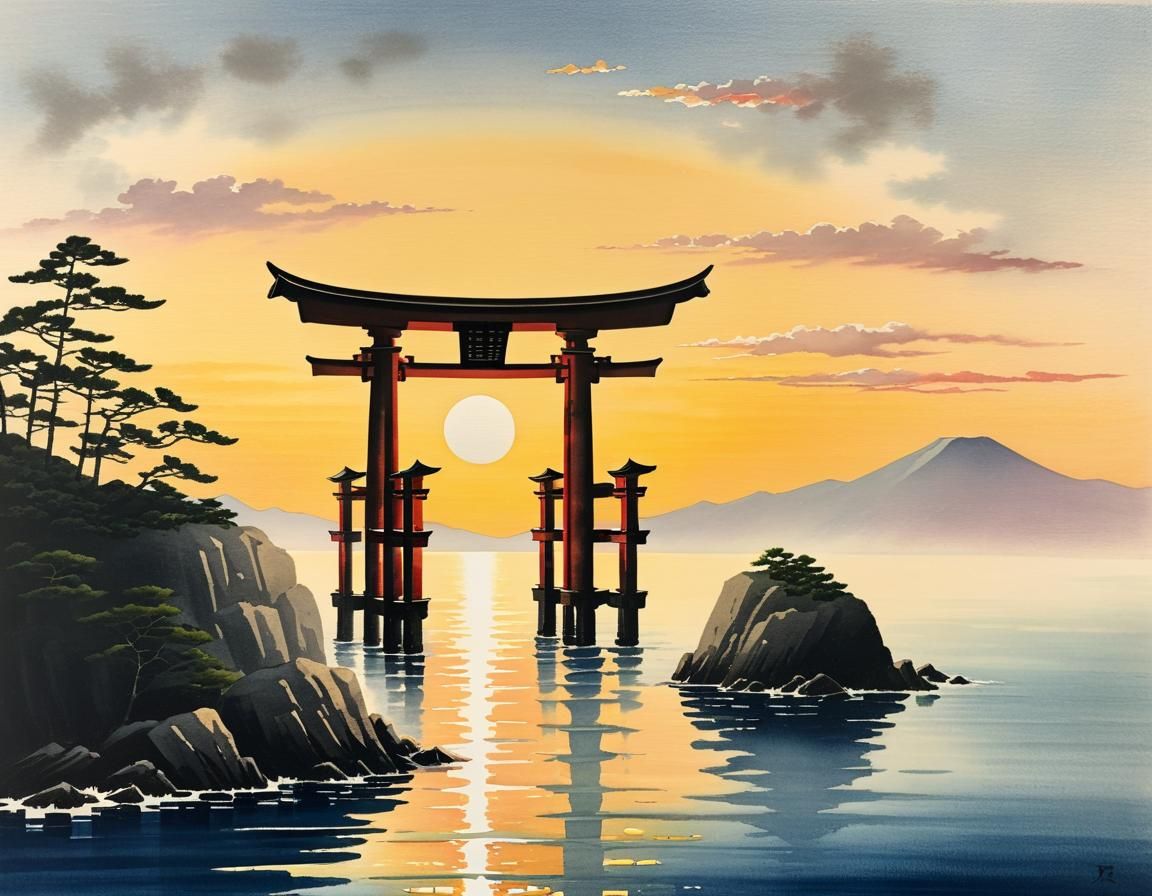 Torii Gate at Golden Hour in Sumie Style