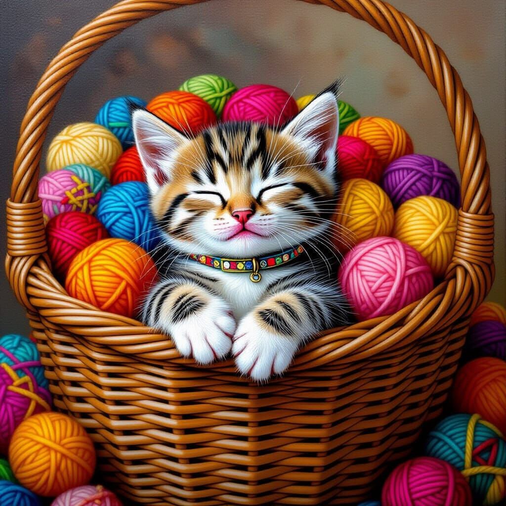 Adorable Kitten Sleeping in Yarn Basket, Hyper Realistic Sty...