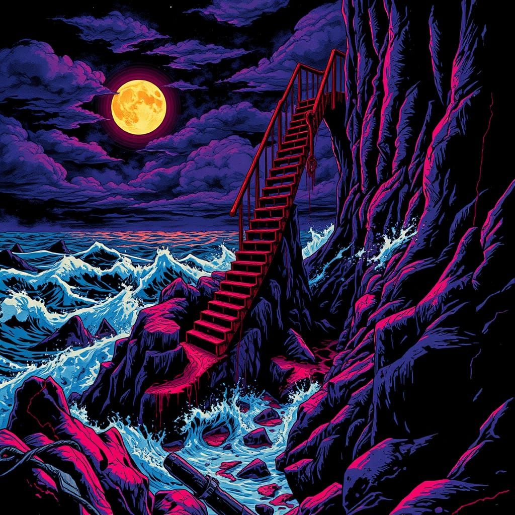 Stormy Coastal Staircase in Neon Comic Style