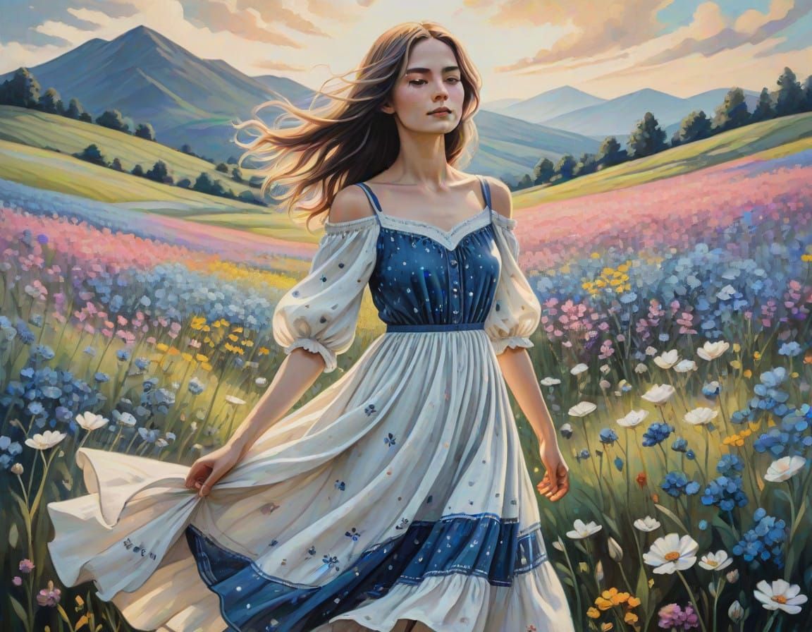 Romantic Cottagecore Goddess in a Vibrant Floral Oasis