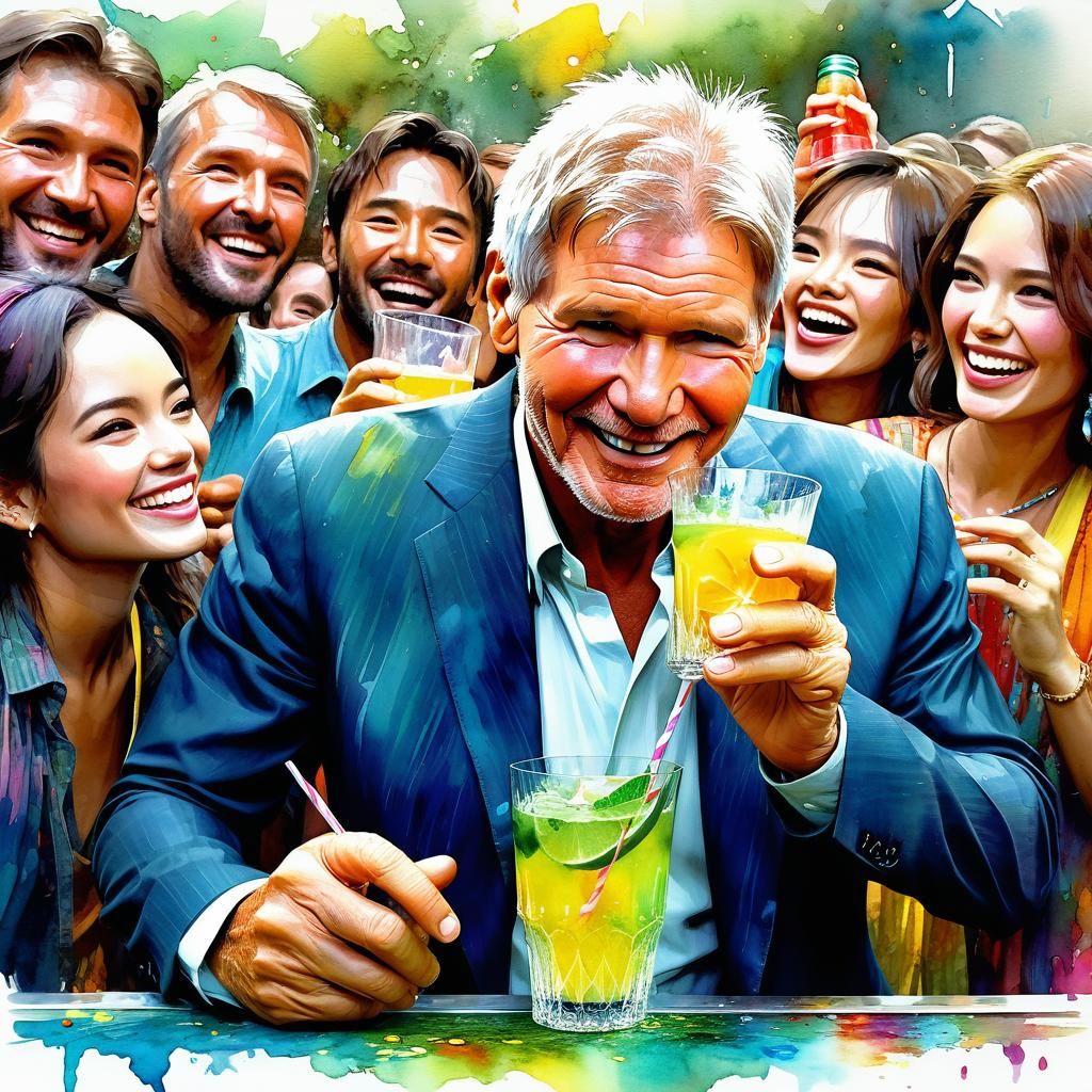 Harrison Ford Party Scene in Watercolor Style