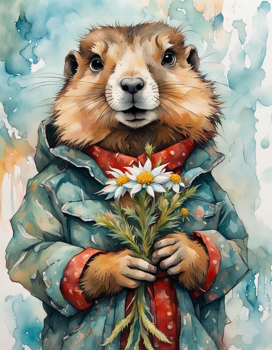 Marmot with a flower