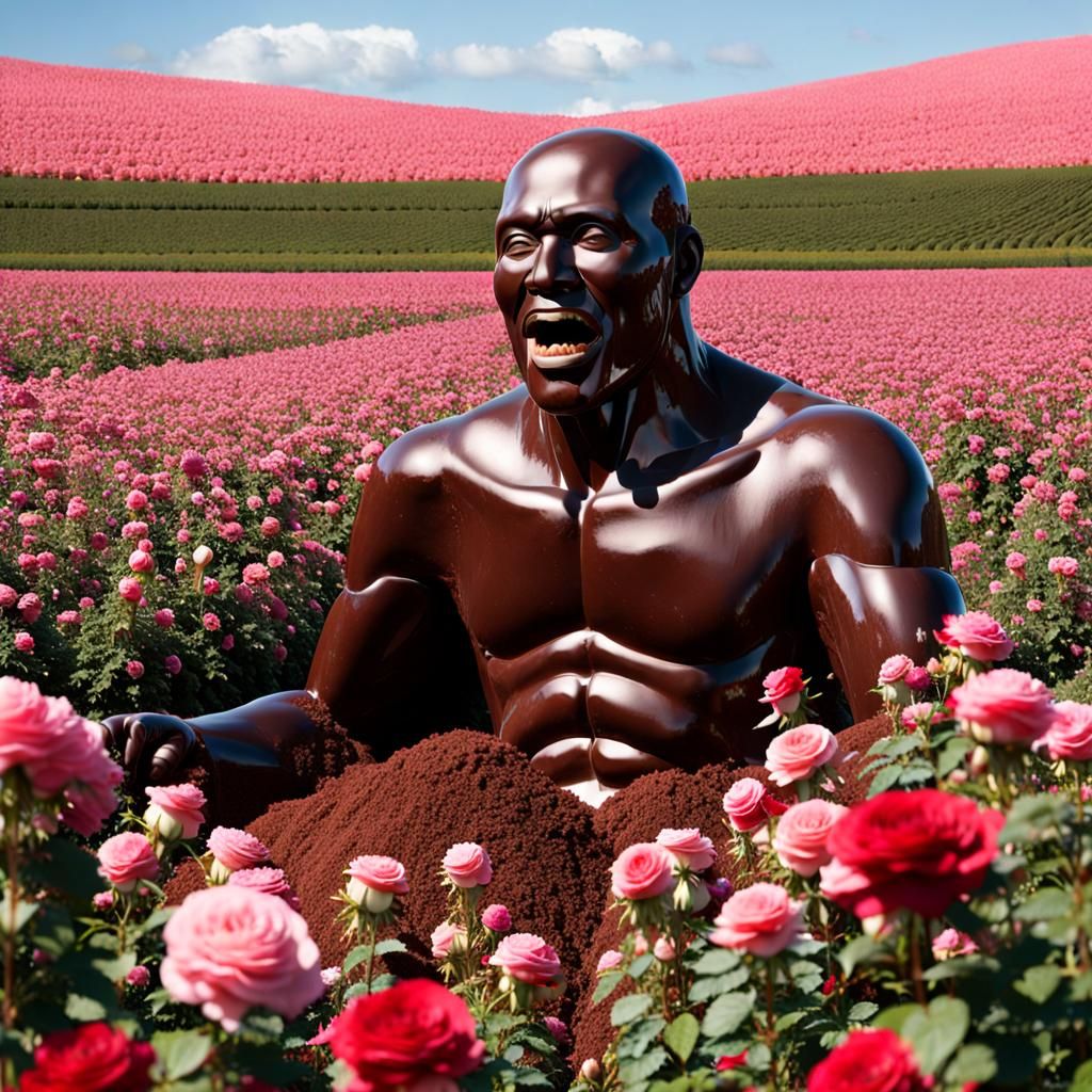 Giant Chocolate Man in a Field of Roses.