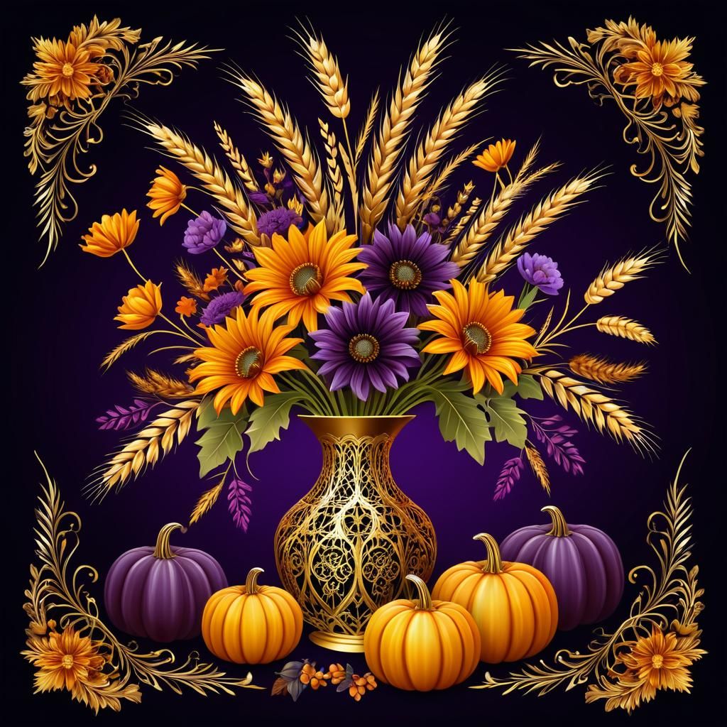 Elaborate Autumn Illustration with Gold Filigree Vase