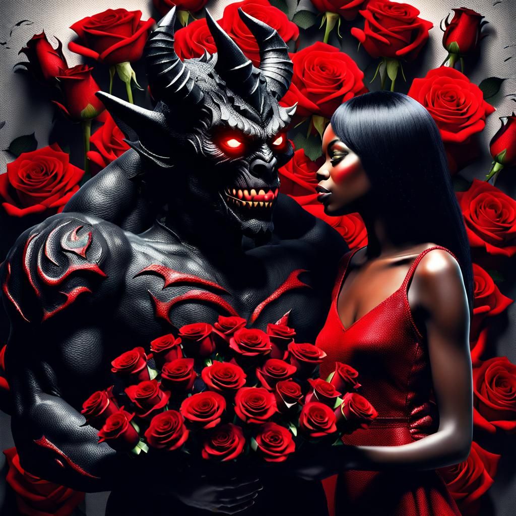 Demon Offering Roses to a Woman